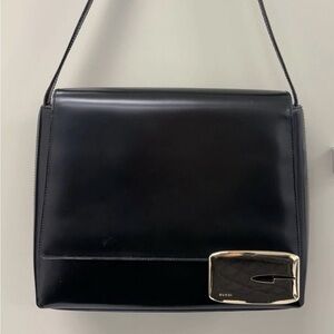 Tom Ford Era Gucci Black Leather Shoulder Bag with Polished Gold “G”Plaque